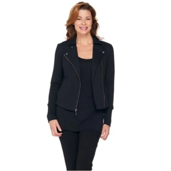 H By Halston French Terry Motorcycle Jacket With Rib Detail In Black Size 8 NWOT - Picture 1 of 10